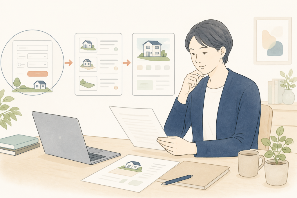 氏名・住所による検索から候補一覧と個別の不動産確認へ進む流れを表したイラスト